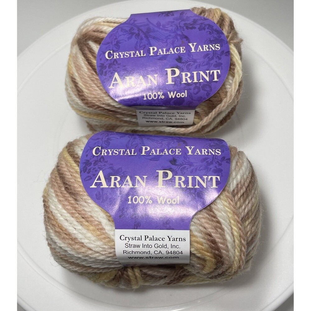 Lot of 2 Crystal Palace Aran Print 100% Wool Yarn Skeins Beige Tan Yellow 2101